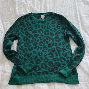 Stylish Green Leopard Print Crew Neck Sweater